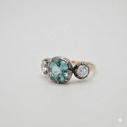 Cushion Aquamarine and Lab Diamond Georgian Victorian Collet Button Back Trilogy Ring