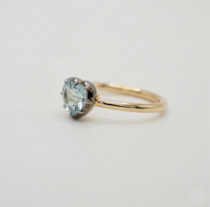 Georgian Victorian Heart Shaped Aquamarine and Gold Collet Button Back Ring, view 2