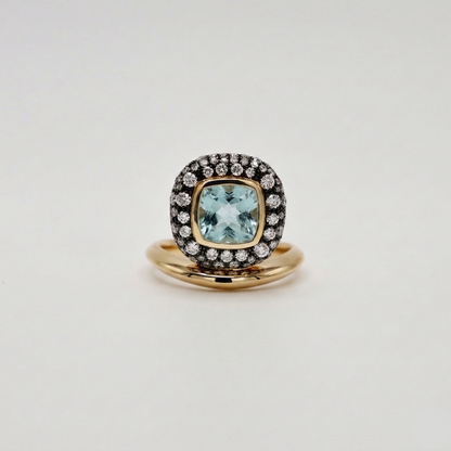 Cushion Aquamarine Donut Ring with Pave Diamonds, 18K Gold