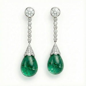 Platinum Drop Earrings with Tear Drop Lab Emeralds & Lab Diamond or Moissanites
