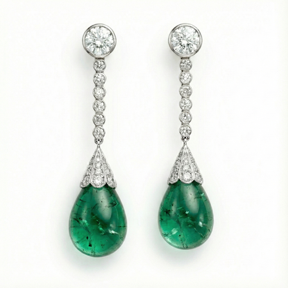 Platinum Drop Earrings with Tear Drop Lab Emeralds & Lab Diamond or Moissanites