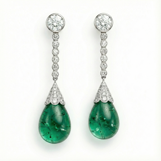 Platinum Drop Earrings with Tear Drop Lab Emeralds & Lab Diamond or Moissanites, Art Deco