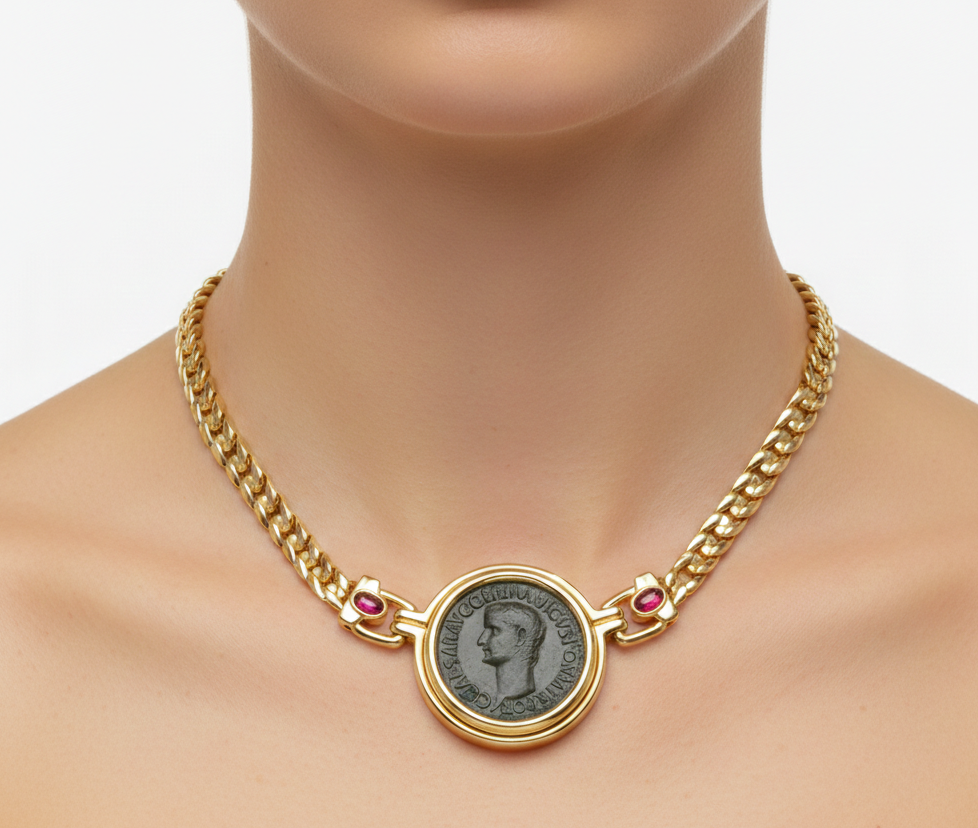 Ancient Roman Silver Coin Statement Necklace in 18K Gold Filled with Lab Grown Cabochon Rubies and Moissanite | by Disco Marshmallow