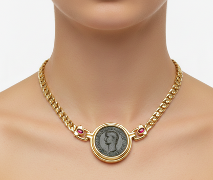 Ancient Roman Silver Coin Statement Necklace with Lab Grown Cabochon Rubies and Moissanite, view 5