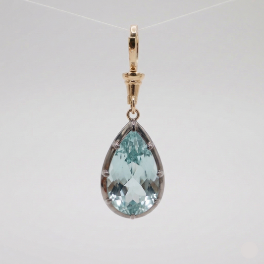 Georgian Victorian 6.5 Carat Pear Aquamarine Blackened and Yellow Gold Ball Chain Pendant