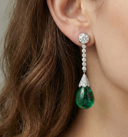 Platinum Drop Earrings with Tear Drop Lab Emeralds & Lab Diamond or Moissanites, view 7