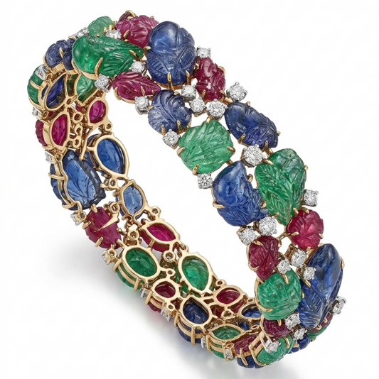 18K Gold Tutti Frutti Bracelet — Carved Lab-Grown Emerald, Ruby & Sapphire