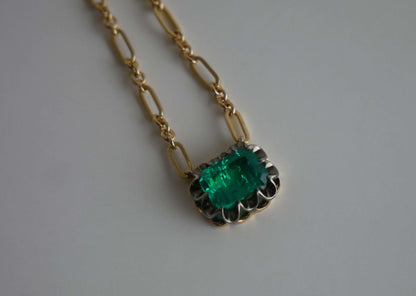 Lab Emerald Gold Trombone Chain Necklace, 18K Gold, view 3