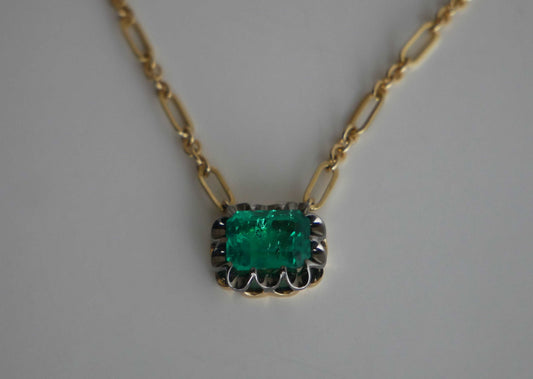 Lab Emerald Gold Trombone Chain Necklace, 18K Gold, view 2