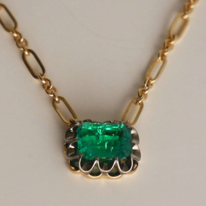 Lab Emerald Gold Trombone Chain Necklace, 18K Gold