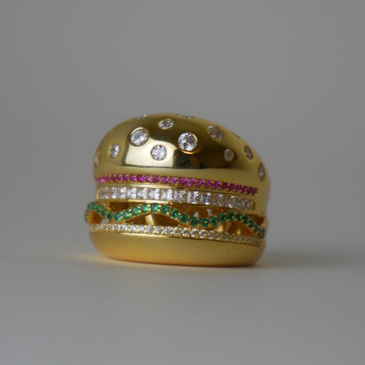 veggie burger ring, hamburger ring, gold filled burger ring, nadine ghosn, drake