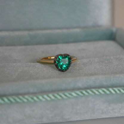 Georgian Victorian Heart Shaped Emerald and Gold Collet Button Back Ring, Blackened Gold, view 5
