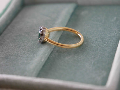 Georgian Victorian Heart Shaped Emerald and Gold Collet Button Back Ring, Blackened Gold, view 6
