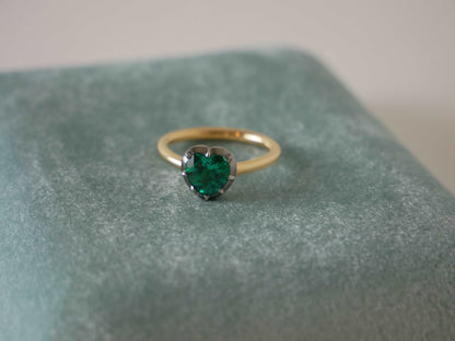 Georgian Victorian Heart Shaped Emerald and Gold Collet Button Back Ring, Blackened Gold, view 3