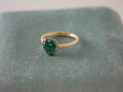 Georgian Victorian Heart Shaped Emerald and Gold Collet Button Back Ring, Blackened Gold, view 4