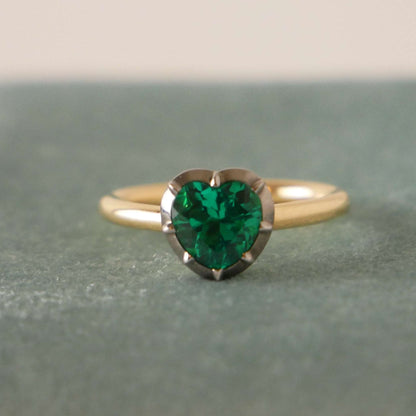Georgian Victorian Heart Shaped Emerald and Gold Collet Button Back Ring, Blackened Gold