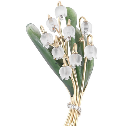 Rock Crystal, Diamond, Nephrite and Gold Lily of the Valley Brooch, 18K Gold