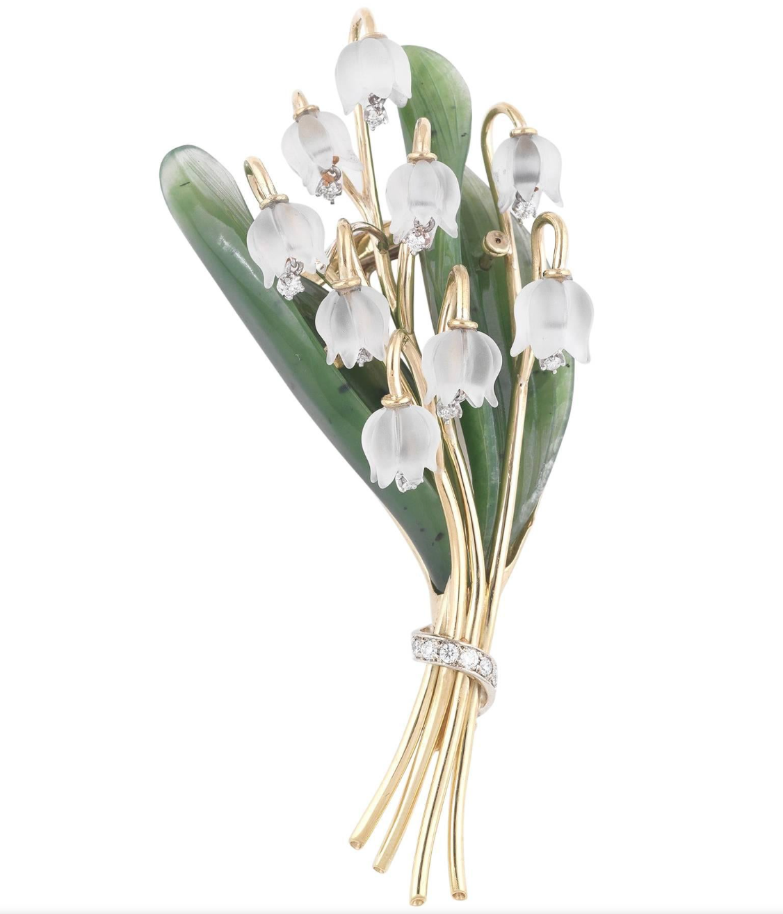 1stdibs - lily of the valley brooch - nephrite - rock crystal - diamonds - antique lily of the valley