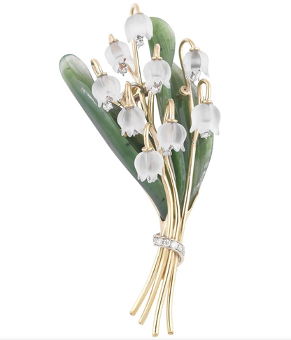 Rock Crystal, Diamond, Nephrite and Gold Lily of the Valley Brooch, 18K Gold, view 2