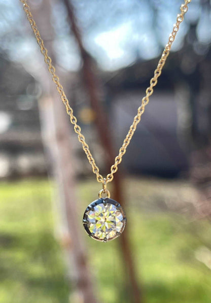 Round Lab Diamond or Moissanite Georgian Victorian Gold Necklace, 18K Gold, view 3