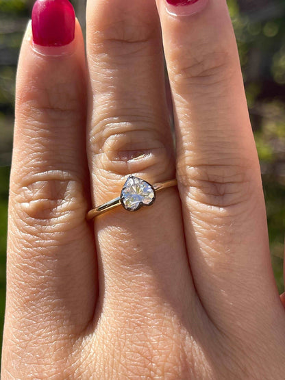 Georgian Victorian Heart Shaped Moissanite and Gold Collet Button Back Ring, view 11