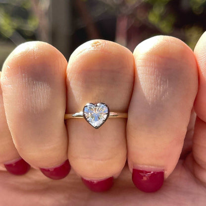 Georgian Victorian Heart Shaped Moissanite and Gold Collet Button Back Ring, view 9