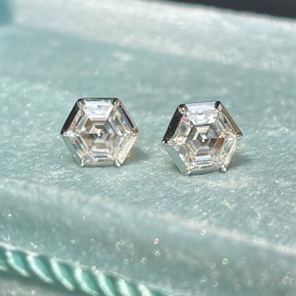 Georgian Victorian Hexagon Honeycomb Moissanite Stud Earrings, 18K Gold, view 6