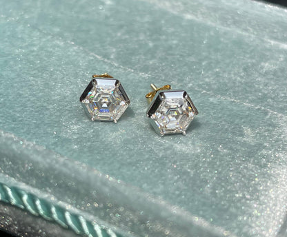 Georgian Victorian Hexagon Honeycomb Moissanite Stud Earrings, 18K Gold, view 7