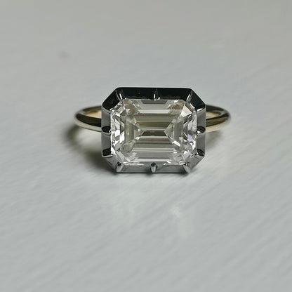 Georgian Victorian Emerald Cut Moissanite Button Back Collet Ring, Blackened Gold, view 2