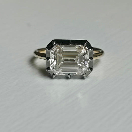 Georgian Victorian Emerald Cut Moissanite Button Back Collet Ring in Blackened Gold | Jessica McCormack style | Fred Leighton inspired | Zendaya engagement ring style | Zoe Kravitz jewelry | Georgian Victorian antique inspired jewelry | by Disco Marshmallow