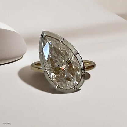 Georgian Victorian Tilted Pear Moissanite Ring Button Collet Setting, 18K Gold, view 3