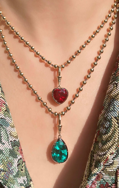 Georgian Victorian Ball Chain Pear Emerald Pendant, 18K Gold, 6 Ct, view 8