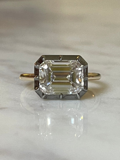 Georgian Victorian Emerald Cut Moissanite Button Back Collet Ring, Blackened Gold, view 8