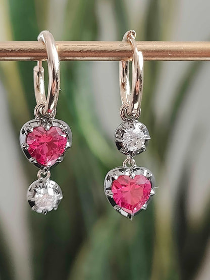 Heart Shaped Ruby and Round Moissanite Georgian Victorian Gold Earrings, view 6