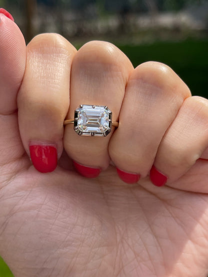 Georgian Victorian Emerald Cut Moissanite Button Back Collet Ring, Blackened Gold, view 9