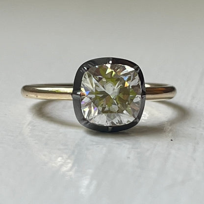 Cushion Cut Georgian Victorian Moissanite Ring and Gold Button Setting, 14K White Gold, view 2