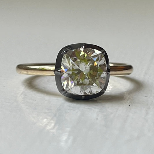 2 Carat Cushion Cut Georgian Victorian Moissanite Ring in 14K Blackened White Gold and Yellow Gold Button Setting | Jessica McCormack style | Fred Leighton inspired | Zendaya engagement ring style | Zoe Kravitz jewelry | Georgian Victorian antique inspired jewelry | by Disco Marshmallow