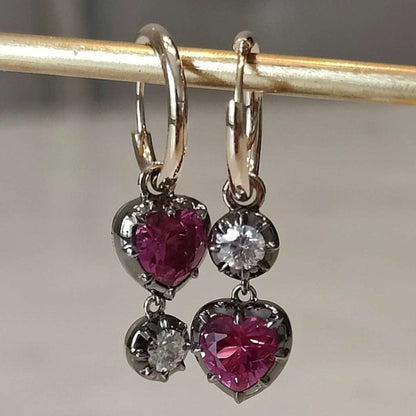 Heart Shaped Ruby and Round Moissanite Georgian Victorian Gold Earrings, view 2