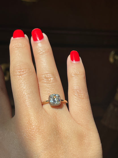 Cushion Cut Georgian Victorian Moissanite Ring and Gold Button Setting, 14K White Gold, view 4