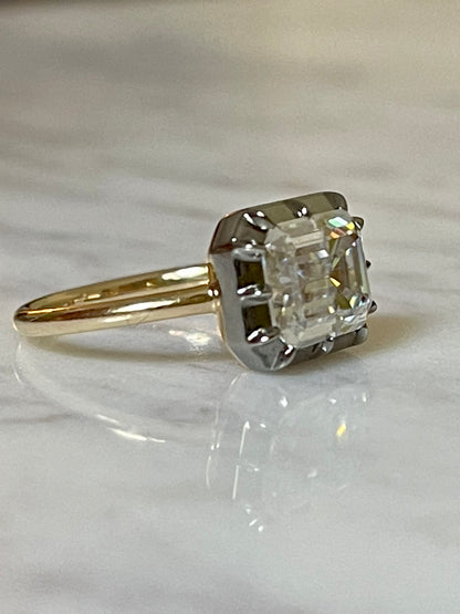 Georgian Victorian Emerald Cut Moissanite Button Back Collet Ring, Blackened Gold, view 7