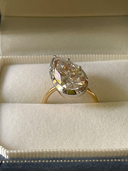 Georgian Victorian Tilted Pear Moissanite Ring Button Collet Setting, 18K Gold, view 5