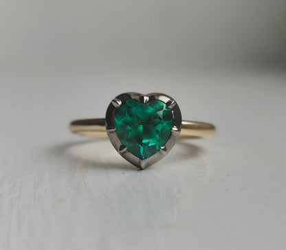 Georgian Victorian Heart Shaped Emerald and Gold Collet Button Back Ring, Blackened Gold, view 7