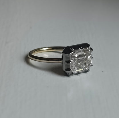 Georgian Victorian Emerald Cut Moissanite Button Back Collet Ring, Blackened Gold, view 3