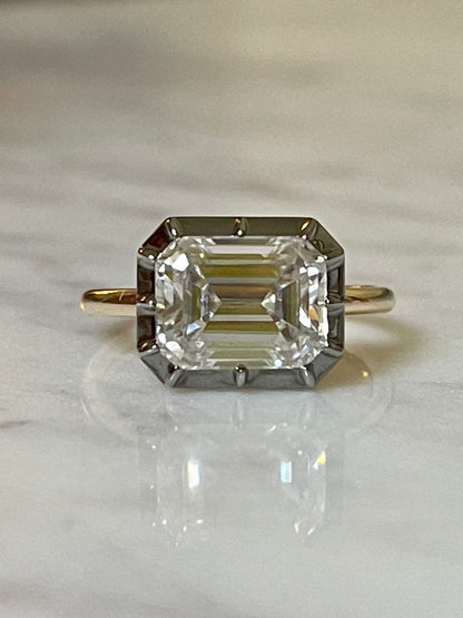 Georgian Victorian Emerald Cut Moissanite Button Back Collet Ring, Blackened Gold, view 5