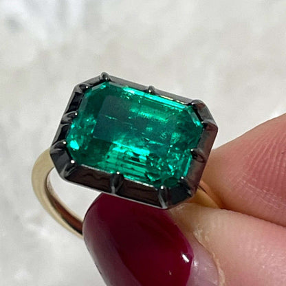 Georgian Victorian Emerald Cut Emerald Button Back Collet Ring