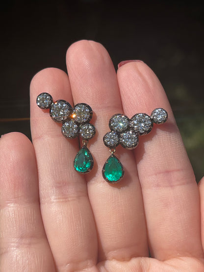 Georgian Victorian Climbing Collet Emerald and Moissanite Stud Earrings, view 10