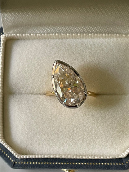 Georgian Victorian Tilted Pear Moissanite Ring Button Collet Setting, 18K Gold, view 4