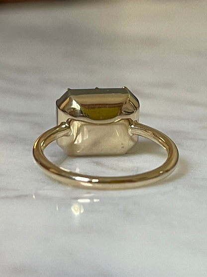 Georgian Victorian Emerald Cut Moissanite Button Back Collet Ring, Blackened Gold, view 6
