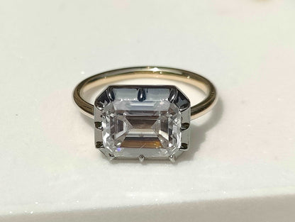 Georgian Victorian Emerald Cut Moissanite Button Back Collet Ring, Blackened Gold, view 4