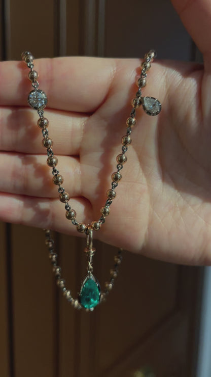 Georgian Victorian Ball Chain Pear Emerald Pendant, 18K Gold, 2.5 Ct